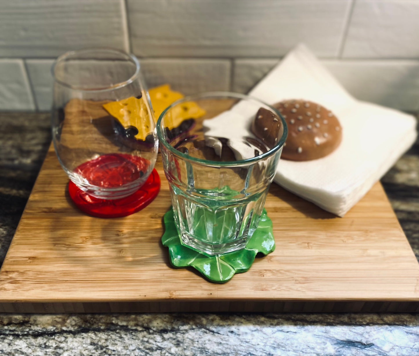 Handmade burger Coaster set, Handmade Hamburger drink coasters