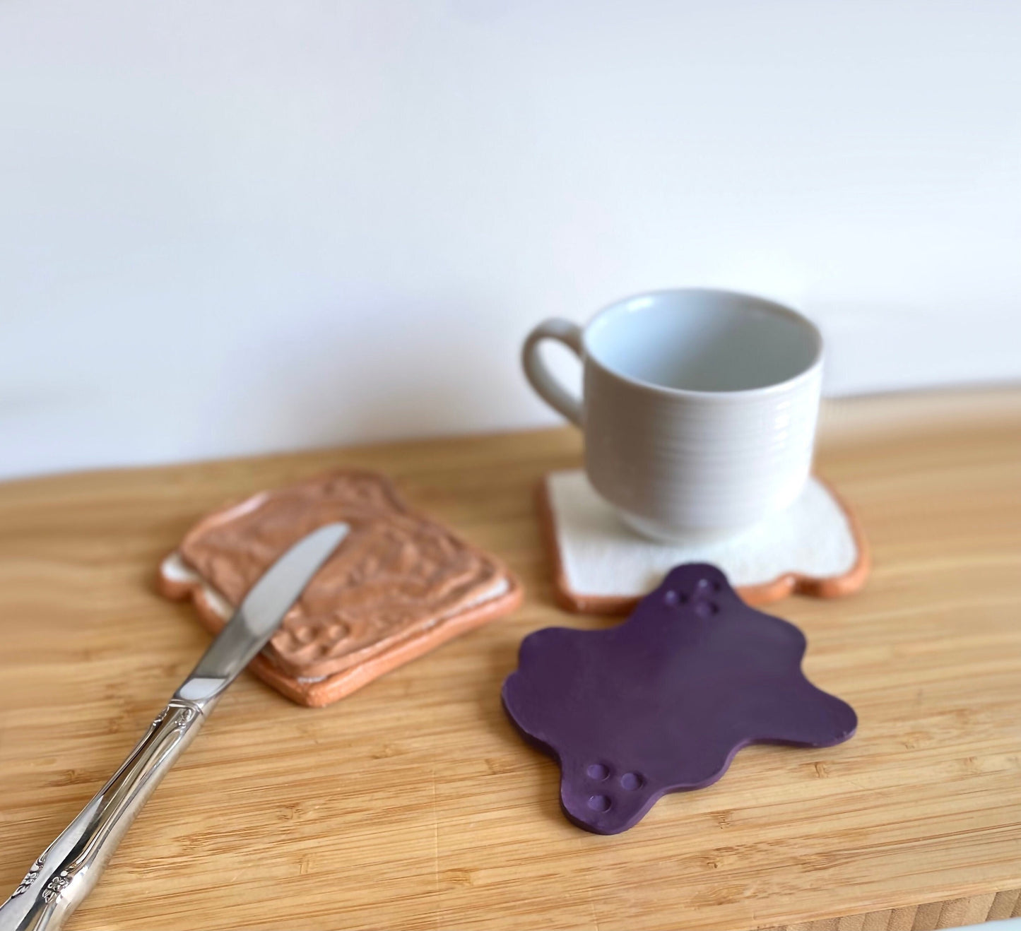 Peanut butter and jelly coaster sandwich set of 4, handmade clay coaster set, PBJ faux food unique home decor unique handmade gifts for home